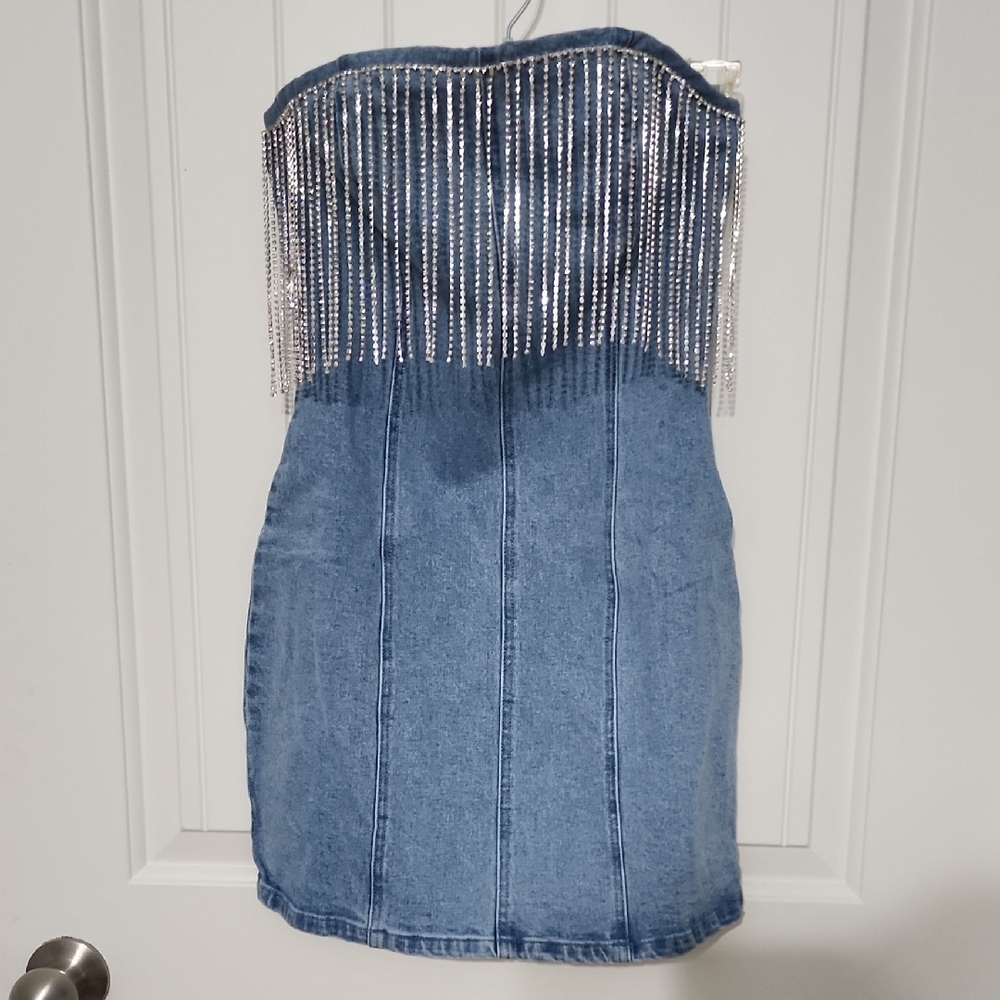 Rylie Denim Strapless Fringe Mini Dress - Picture 4 of 12